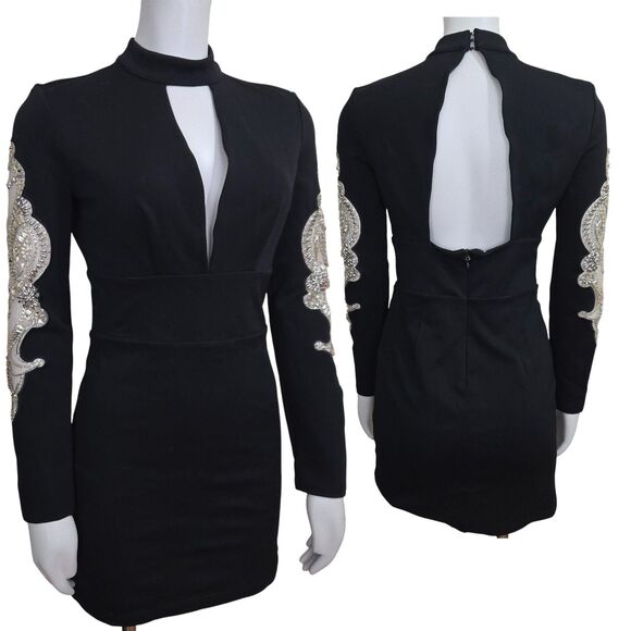Bebe Vtg Y2K Black Mini Dress S Plunge Neck Sheer Sleeve Rhinestones Open Back - Picture 1 of 14